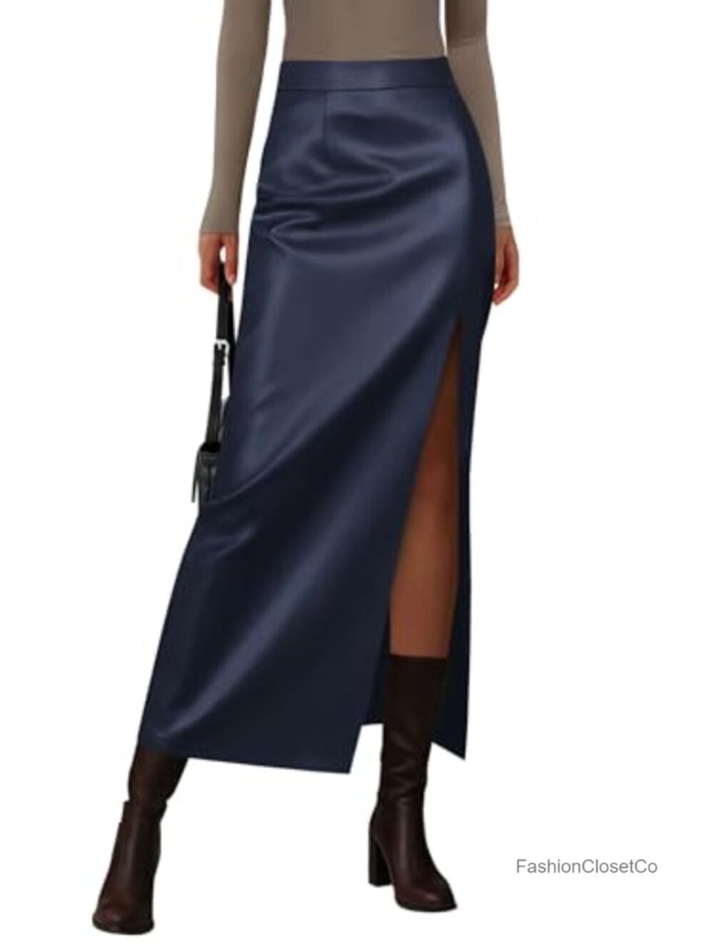 Faux Leather Maxi Pencil Skirt High Waist Side Slit Long Women's